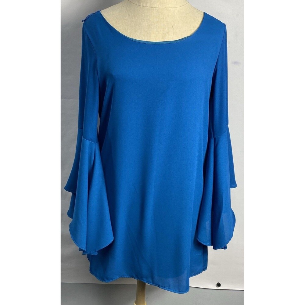 Women Electric Blue Dress With Embroidered Lace Back And Bell Sleeves Sz S Lined
